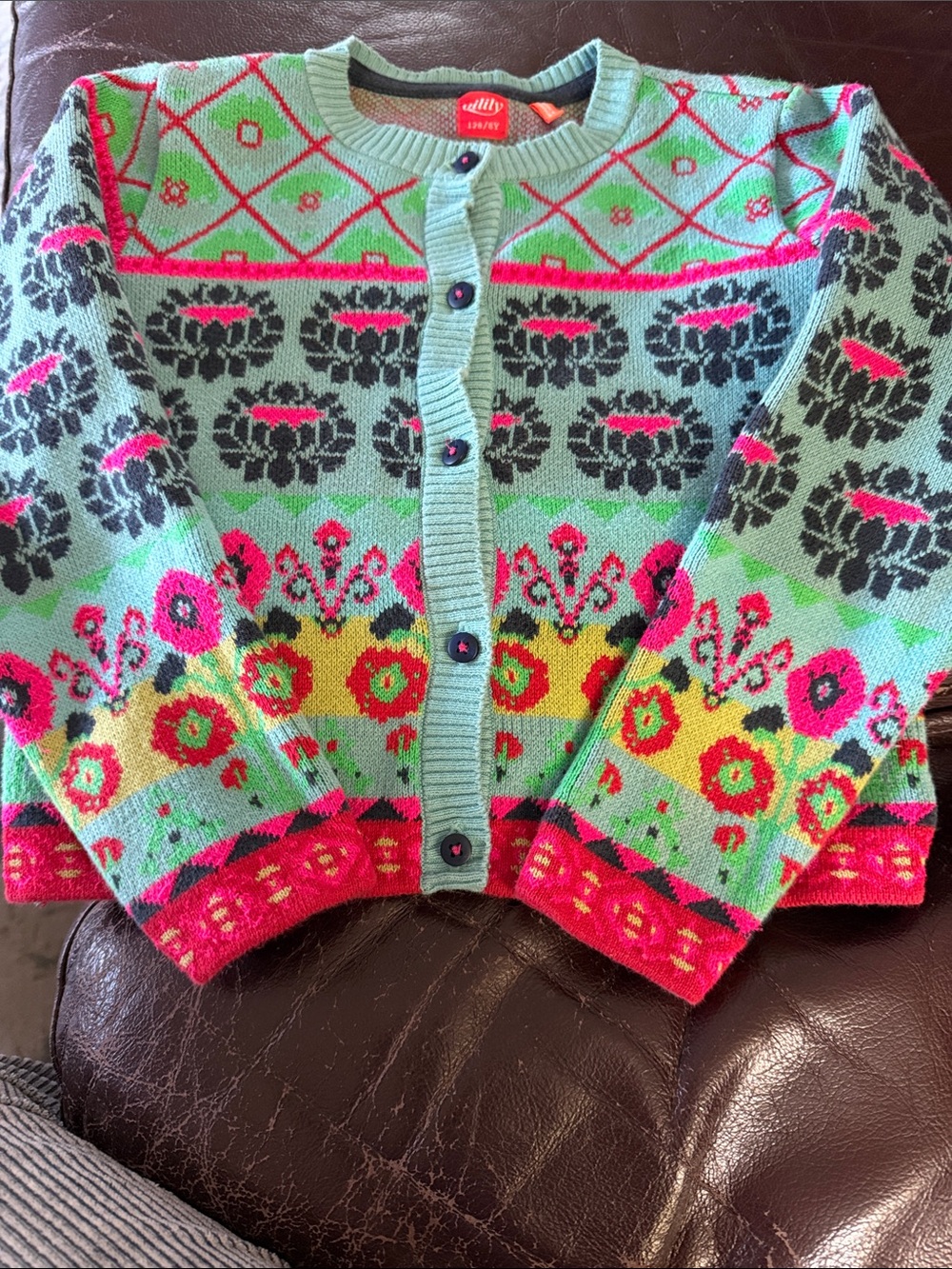 Oilily Mint Green Multi-Color Floral Knit Cardigan